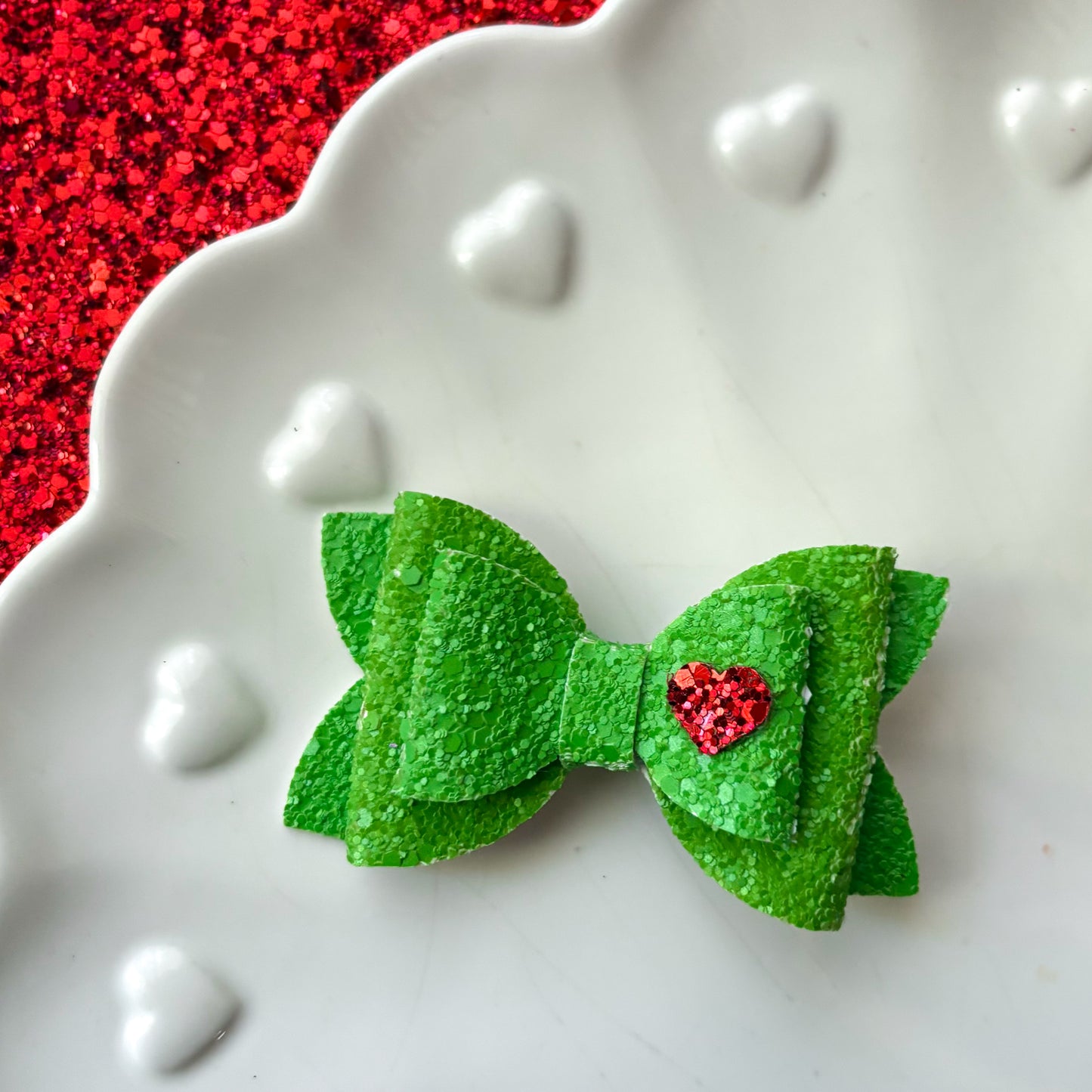 Green With Red Heart Glitter Hair Bow