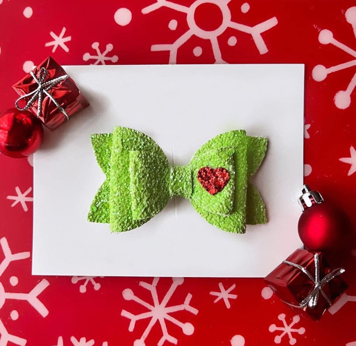 PREORDER Christmas Green Bow With Red Heart