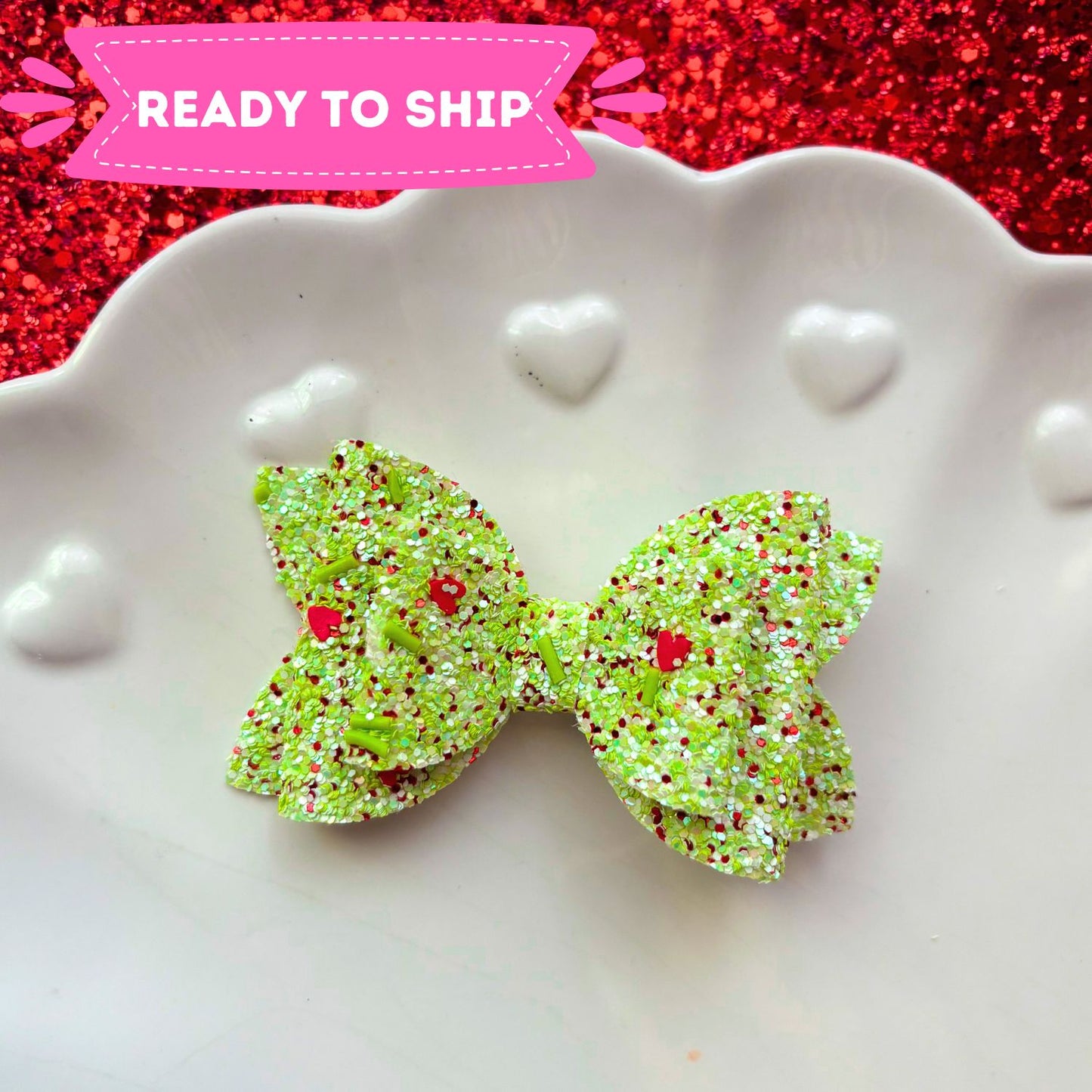Green Sparkle Bow With Red Hearts