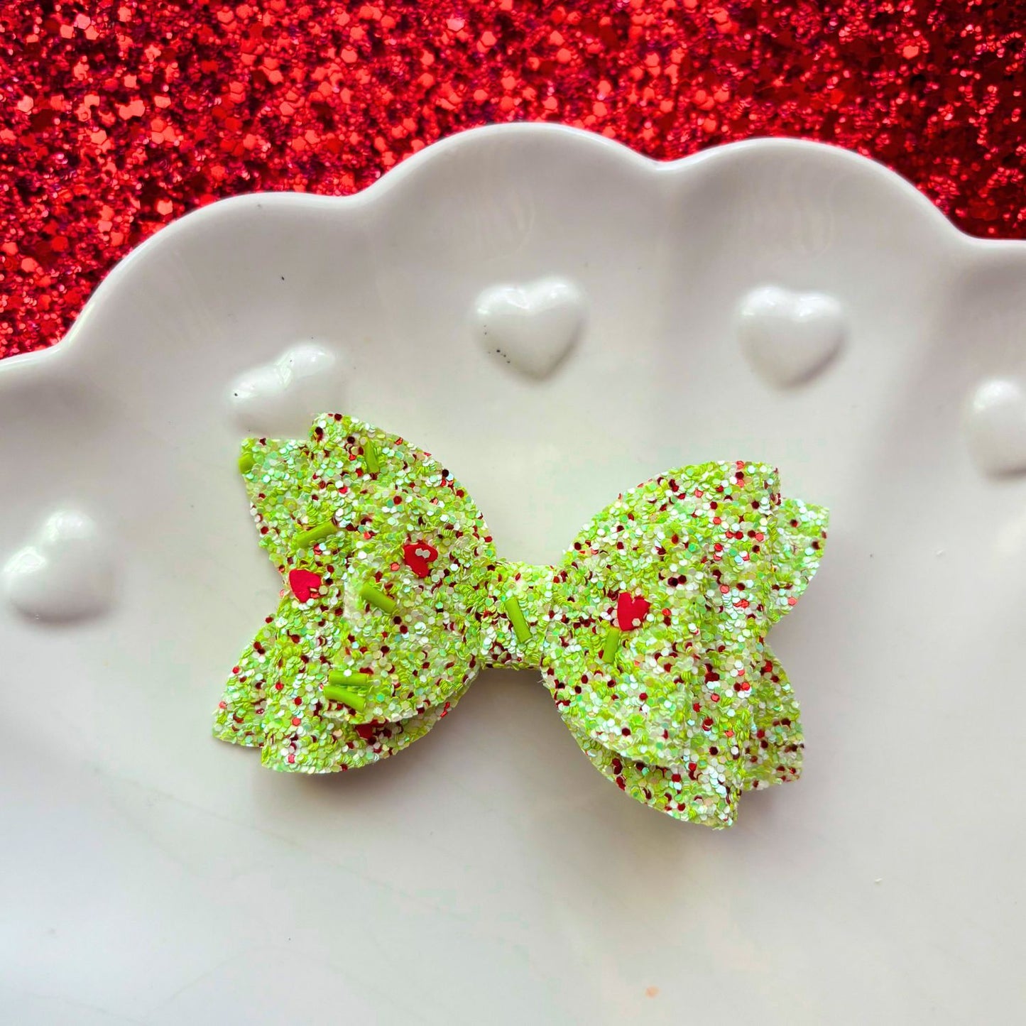 Green Sparkle Bow With Red Hearts