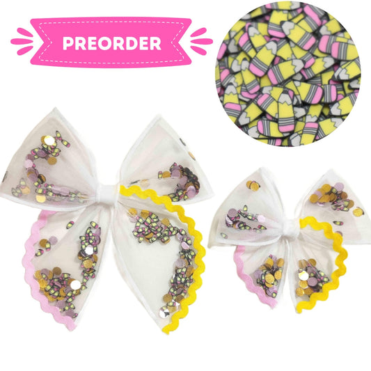 PREORDER Pink, Yellow & Pencil Shaker Bow