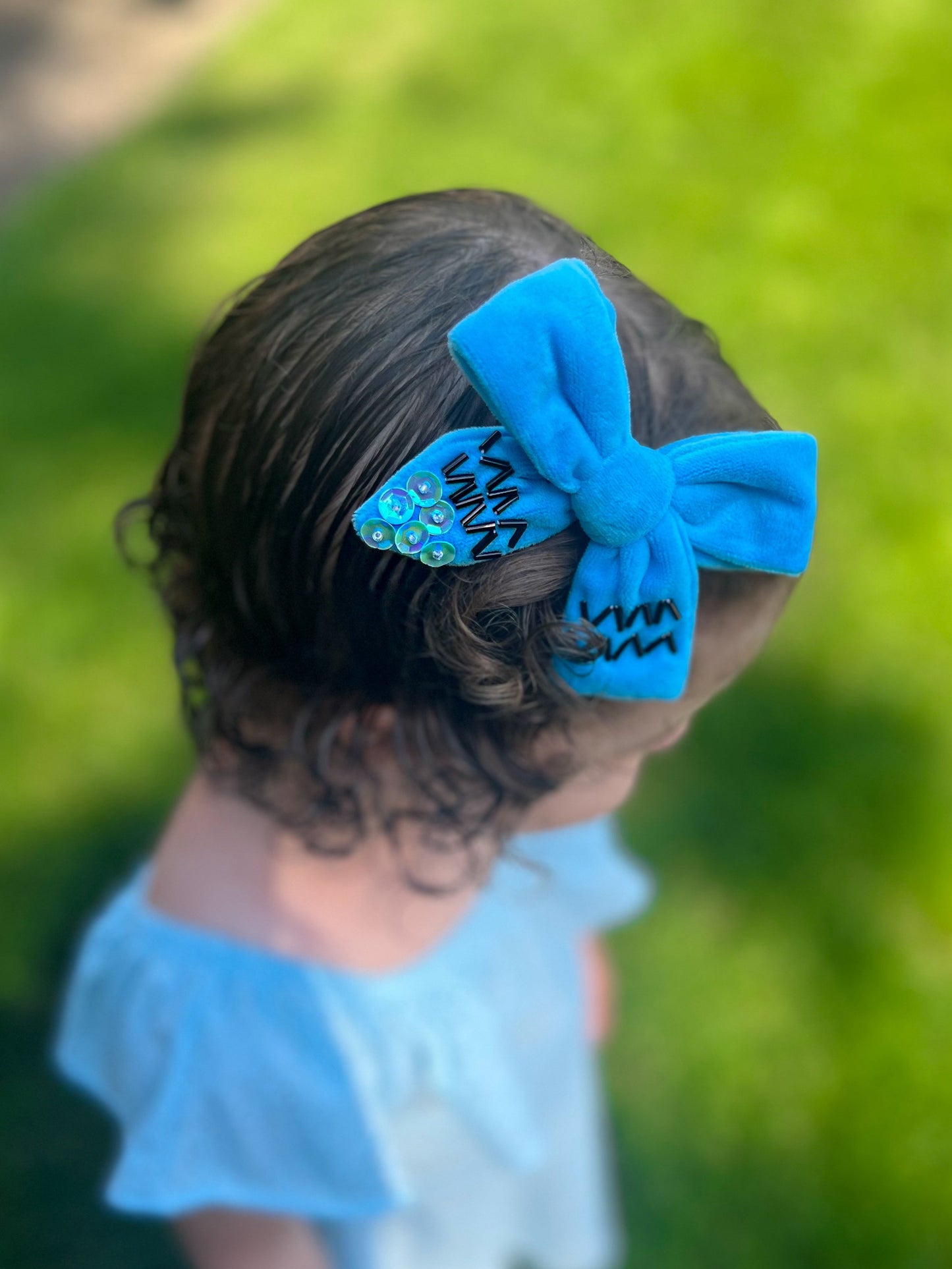 Blue Crayon Velvet Bow