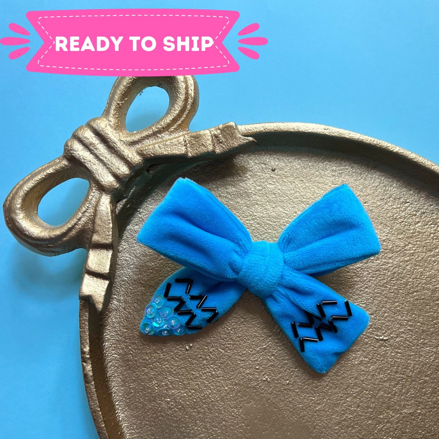 Blue Crayon Velvet Bow