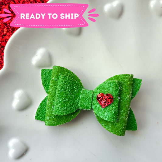 Green With Red Heart Glitter Hair Bow